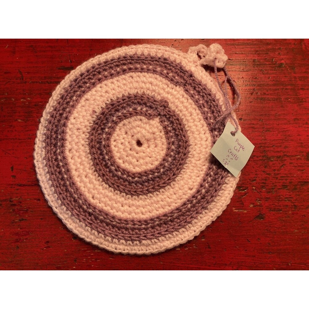 PURPLE CAT CRAFTS Handmade Crocheted Trivet Potholder Hot Pad Round Pink